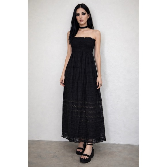 Espresso Dresses & Skirts - Whimsigoth Dark Fairy‎ Cottagecore Lace Strapless Maxi Dress Smock Vamp Witchy L